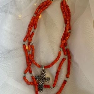 Gorgeous coral necklace with a cross!